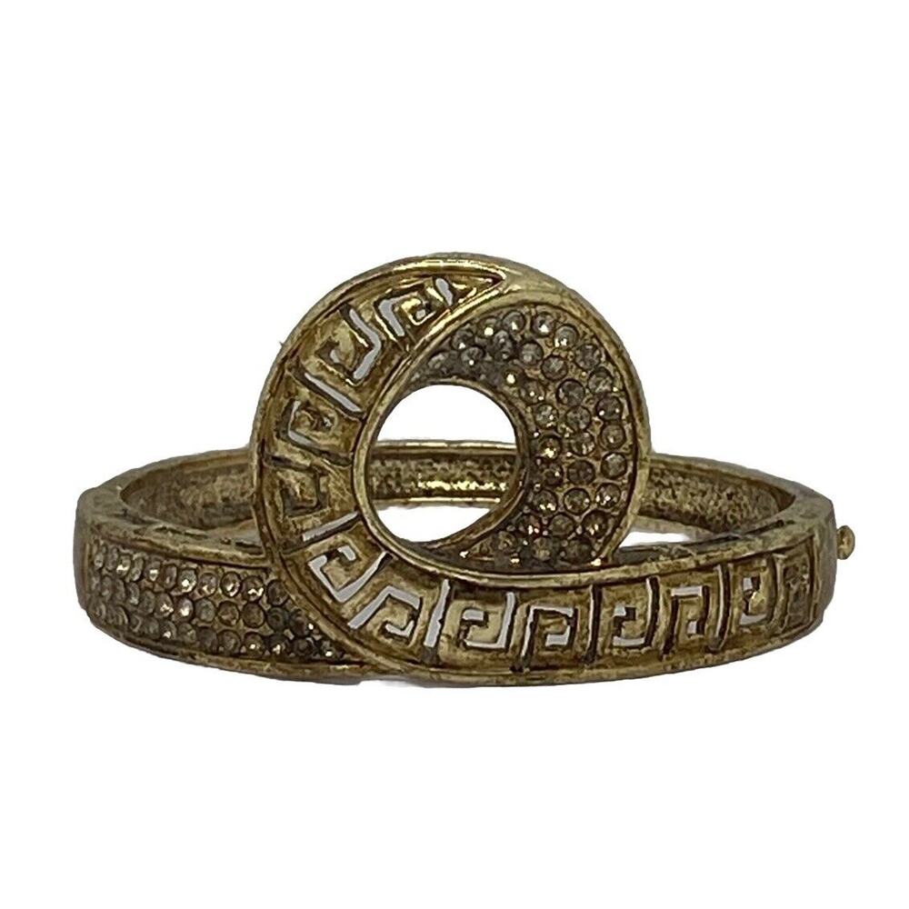Vintage Gold Tone Bracelet White Rhinestone 9” Round Bracelet Circle Design - Picture 1 of 16